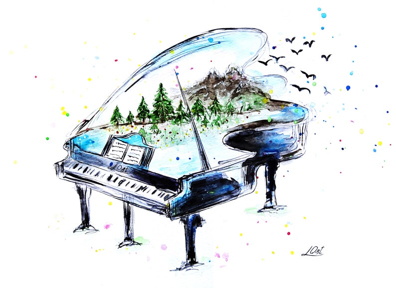 Watercolor Piano with nature Watercolor Piano Nursery art Art Print Musical Instrument Print of My Original Painting Wall Art