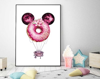 Minnie  Mouse Donut Watercolor Print - Minnie Mouse Balloon Art - Personalized Art - Disney print - Nursery - Wall Decor - Black & pink Art