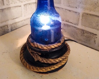 Desk bottle lamp, table bottle lamp, meditation night light, lamp made with glass bottle, whimsical rustic upcycled lamp, 9”x 3.5” x 3.5”