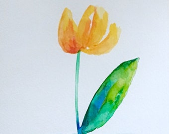 Greeting card watercolor,original not print,yellow tulip,folded and blank inside,handmade,can be framed,wall decor,miniature art,5”x7”