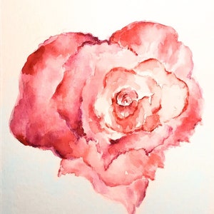Tarjeta de felicitación, acuarela, corazón, rosa roja, original no es un impresión, hecho a mano, en blanco doblado en el interior, miniatura de arte, se puede enmarcar, decoración de la pared, 5 "x7"