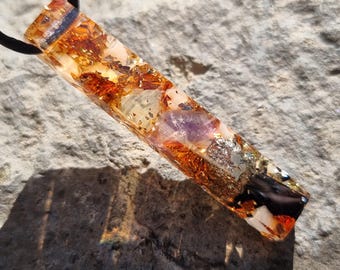 Wealth and Emotional Balance Orgonite Pendant with Citrine, Amethyst, Pyrite and Black Tourmaline