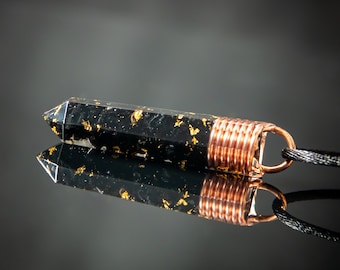Colgante de orgonita de turmalina negra con copos de cobre y oro de 24k, collar de orgonita para conexión a tierra para protección contra campos electromagnéticos y 5G, espiral de bobina de vórtice.