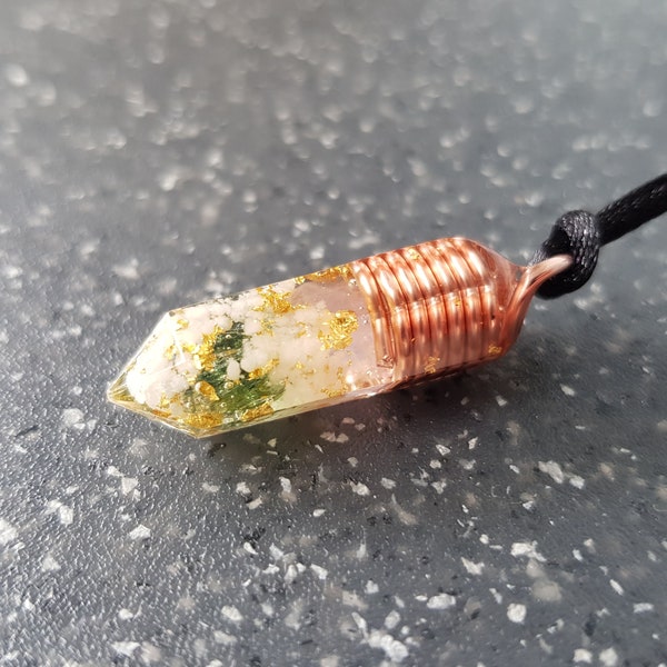 Glow in the dark Moldavite pendant with diamond and rose quartz, 24k gold flakes, mini copper spiral coil Hexagonal orgone orgonite necklace