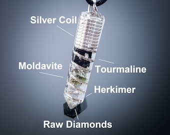Stärkste Moldavit-Orgonit-Halskettenkombination mit Erdungseffekt, Silber. Diamanten, Herkimer, schwarzer Turmalin, Orgon-Anhänger