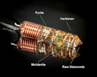 Moldavite Orgonite necklace - Pyrite, Diamonds, Herkimer -Most powerful combination for Money Talisman / Wealth Attraction Amulet