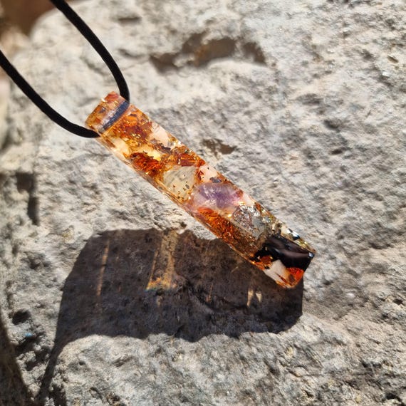 Wealth and Emotional Balance Orgonite Pendant with Citrine, Amethyst, Pyrite and Black Tourmaline