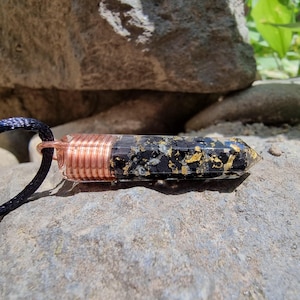 Black Onyx Orgonite Pendant | Glow in the Dark Energy Amulet with Copper & 24K Gold | Protection Talisman Spiritual Jewelry
