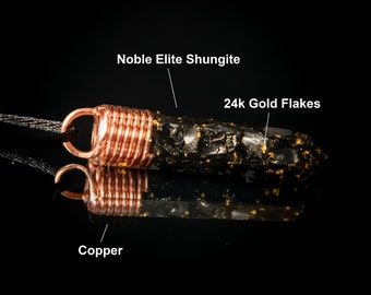 Elite Noble Shungite pendant with copper and 24k gold flakes, Orgone Orgonite necklace Ideal for EMF and 5G protection, Vortex coil spiral