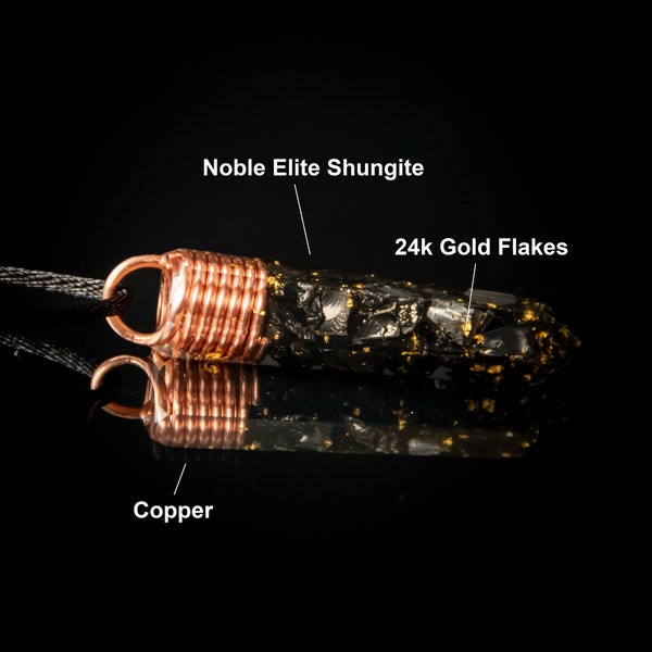 Elite Noble Shungite pendant with copper and 24k gold flakes, Orgone Orgonite necklace Ideal for EMF and 5G protection, Vortex coil spiral