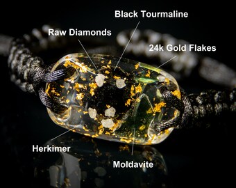 Most powerful Orgone Orgonite combination in bracelet! Diamonds, Herkimer, Moldavite, black tourmaline. specially programmed and activated