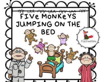 May include: Five monkeys jumping on the bed children's book illustration. The illustration features five monkeys in pajamas jumping on a bed. One monkey is wearing a doctor's coat and is pointing at the monkeys on the bed. The text "Five Monkeys Jumping on the Bed" is written in black letters at the top of the illustration.