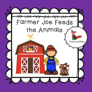 May include: A colorful illustration featuring a red barn with a rooster weathervane, a farmer in overalls, and a brown dog. The text reads "Farmer Joe Feeds the Animals" with a fox logo. The image is framed with a decorative border.