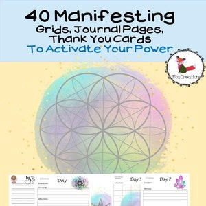May include: A set of 40 printable manifesting grids, journal pages, and thank you cards. The image features a colorful watercolor background with a geometric pattern and the text "40 Manifesting Grids, Journal Pages, Thank You Cards To Activate Your Power".