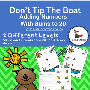 Puede incluir: No vuelques el barco: Sumar números con sumas hasta 20. Este juego educativo incluye tableros de juego, tarjetas de animales con números y hojas de puntuación. La imagen muestra un oso y un mapache en un barco, junto con una libélula, un sol y una cuadrícula.