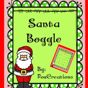 Pode incluir: Uma borda de bolinhas verdes e brancas envolve um fundo verde com o texto "Santa Boggle" em preto. Um Papai Noel de desenho animado com um terno vermelho, barba branca e cinto preto está no lado esquerdo da imagem. No lado direito da imagem, há uma grade de letras com as letras "c, o, d, a, u, t, h, l, i, a, m, e, r, a, n, i, l, e, s, a, y, g, n" em preto. O texto "By: FoxCreations" está em preto na parte inferior da imagem.