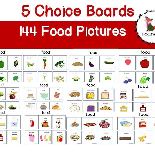 Tableaux de choix d'aliments, communication visuelle par tableau, besoins spéciaux, cartes d'images d'aliments