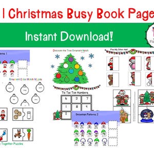 Może przedstawiać: Zestaw 21 drukowanych stron książeczki z ćwiczeniami o tematyce świątecznej dla dzieci. Strony zawierają takie aktywności jak dopasowywanie ozdób, znajdowanie połówek, kółko i krzyżyk oraz wzory bałwanów.