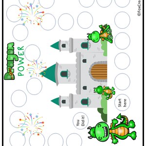 May include: A green dragon game board with a castle in the center. The board has circles for players to move their pieces around. The game is called "Dragon Power".