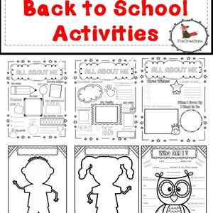 Op de afbeelding: Zwart-wit printbare back-to-school activiteitenbladen. De bovenste pagina leest "Back to School Activities" in het rood. De bladen bevatten "All About Me" pagina's, omtrekken van kinderen en een uil-thema "Who Am I?" pagina.