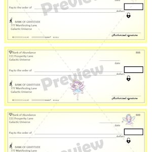 May include: Three yellow checkbook forms with a fairy illustration on each. The checkbook forms are from the Bank of Abundance and the Bank of Gratitude. The forms have fields for the date, payee, amount, and authorized signature.