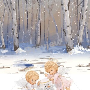 Sweet Angels and Snowman digital art, holiday art, snowman art