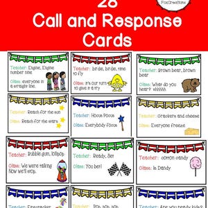 May include: A set of 28 colorful Call and Response Cards with illustrations and text. The cards feature various themes, including animals, food, and classroom instructions. The cards are designed for educational purposes, with a red background and a FoxCreations logo.