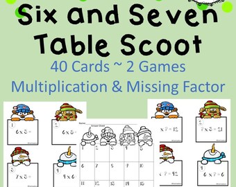 May include: A set of 40 printable cards for a multiplication and missing factor scoot game. The cards feature winter-themed illustrations of snowmen, foxes, and bears. The game is designed to help students practise their multiplication facts for the numbers six and seven.
