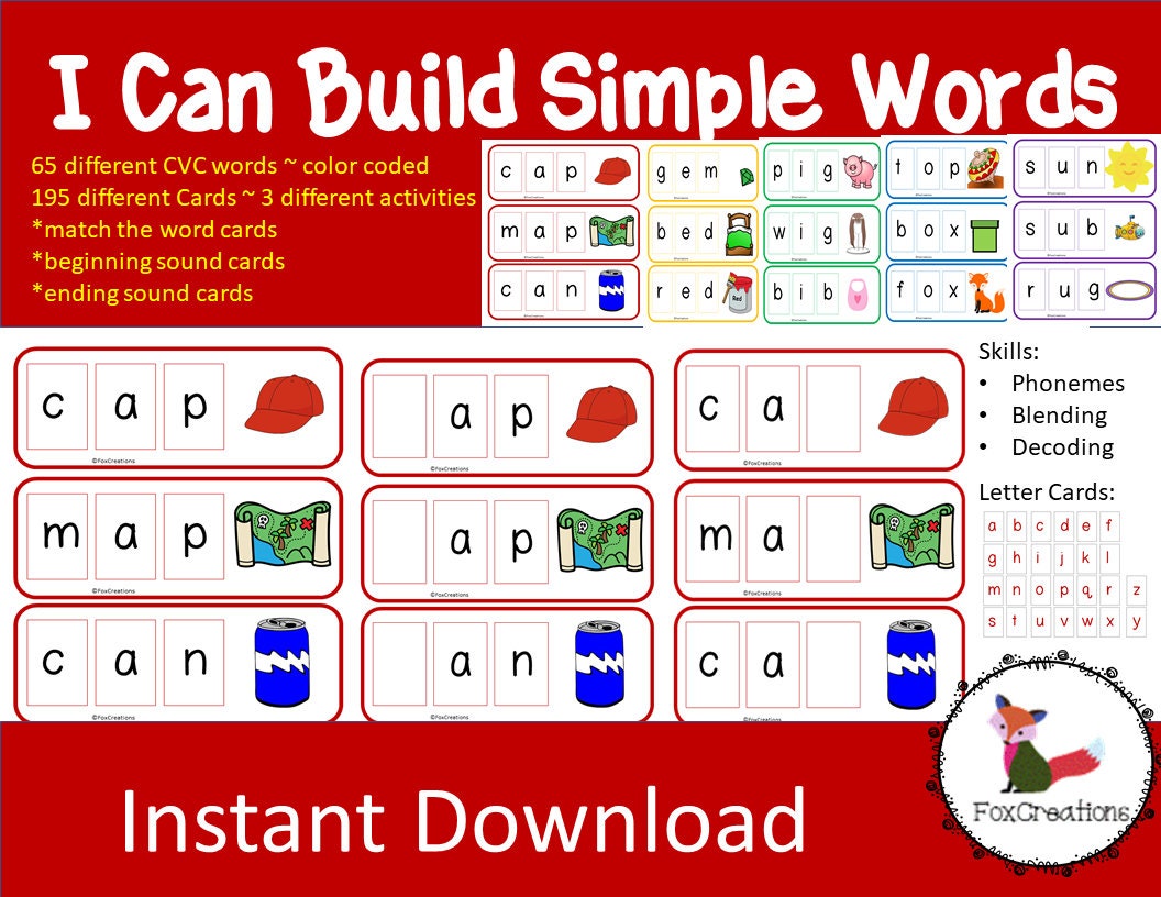 I Can Make Simple Words/ CVC activity/ Early Literacy/ Decoding Practice/ Daycare/ Preschool/ Homeschool/ Parent Resource/ Isolating Sounds