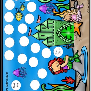 Può includere: Un tabellone di gioco stampabile a tema sirene con un castello verde, una sirena e una stella marina. Il tabellone di gioco ha uno sfondo blu con cerchi bianchi e il testo "You are Marvelous!" e "Start here".