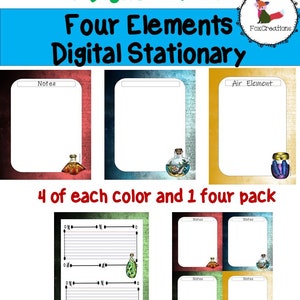 May include: Digital stationery set featuring 17 sheets with a "Four Elements" theme. Each sheet has a unique background color and design, including potion bottles and musical notes. The set includes four of each color and one four-pack.