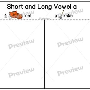 Op de afbeelding: Een zwart-wit werkblad met de titel "Short and Long Vowel a". Het werkblad is verdeeld in twee secties. De linker sectie heeft de korte klinker "a" en het woord "cat" met een afbeelding van een kat. De rechter sectie heeft de lange klinker "a" en het woord "rake" met een afbeelding van een hark.