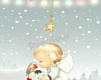 Angel and Bird Wall Art, Angel Art, Winter Art, Christmas Angel Wall Art, Printable Wall Art