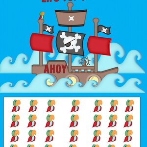 May include: A printable counting activity featuring a cartoon pirate ship with the text "A Pirates Life for me" and "Ahoy". The image includes 36 cartoon parrots in various colours.