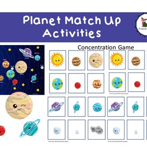May include: A printable concentration game featuring a colourful illustration of the planets in our solar system. The game includes a sun, earth, mars, jupiter, saturn, uranus, neptune, and a moon. The game is titled "Planet Match Up Activities".