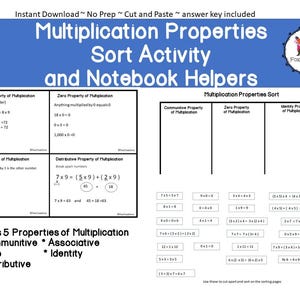May include: A black and white printable worksheet for teaching multiplication properties. The worksheet is divided into four sections: Commutative Property of Multiplication, Zero Property of Multiplication, Identity Property of Multiplication, and Distributive Property of Multiplication. Each section includes a definition and examples of the property. The worksheet also includes a title: "Multiplication Properties Sort Activity and Notebook Helpers".