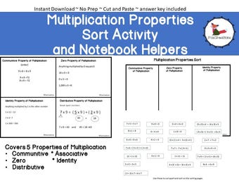 Multiplication Properties Sort Activity, Center Work, Elementary Math, Homeschool,