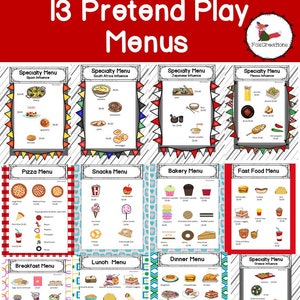 Könnte beinhalten: Dreizehn druckbare Spiel-Menüs für Kinder. Jedes Menü hat ein anderes Thema, wie Pizza, Snacks, Bäckerei, Fast Food, Frühstück, Mittagessen, Abendessen und Spezialmenüs aus Spanien, Südafrika, Japan, Mexiko und Griechenland. Die Menüs sind schwarzweiß mit bunten Illustrationen von Lebensmitteln.