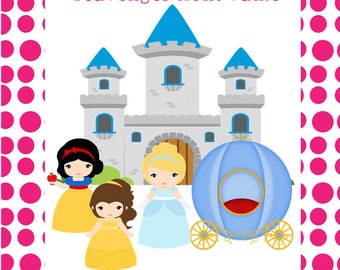 Könnte beinhalten: Ein druckbares Spiel für eine Prinzessinnenparty. Das Spiel heißt "Princess Party Scavenger Hunt Game". Das Bild zeigt ein Cartoon-Schloss, drei Prinzessinnen und eine Kutsche. Der Text "By: FoxCreations" befindet sich am unteren Rand des Bildes.