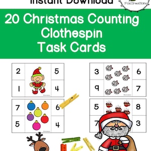 Toddler Counting Task Cards, Christmas Math Counting, Preschool Math, Clothespin Counting Cards