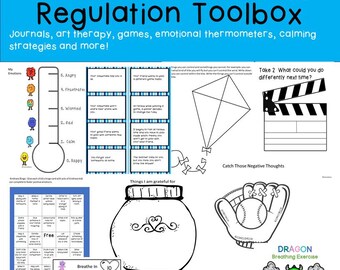 Op de afbeelding: Een kleurrijk, printbaar werkblad met activiteiten voor emotionele regulatie. Het werkblad bevat een thermometer, een ademhalingsoefening, een dankbaarheidsvaas, een gedachteballon en een drakenademhalingsoefening. De tekst op het werkblad zegt "Emotional Regulation Toolbox" en "Meer dan 150 pagina's".