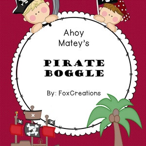 Pode incluir: Um jogo de tabuleiro Pirate Boggle "Ahoy Matey's" com fundo vermelho, um círculo branco com texto preto e dois piratas de desenho animado espiando por cima do círculo. O círculo tem uma borda branca festoneada. Há uma palmeira em uma ilha no canto inferior direito e um navio pirata com uma bandeira de caveira e ossos cruzados navegando em ondas azuis no canto inferior esquerdo.