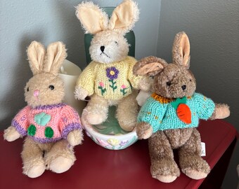 Christa Playful Plush Posable Bunnies with Knit Sweaters Set of 3 Vintage 1988