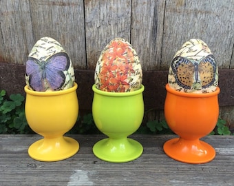 Decoupage Eggs Set of 6 Eggs with French script, butterflies, and flowers, Shabby Chic Eggs, Spring or Easter Decor, Kitchen Decor
