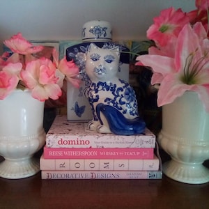 Chinoiserie Hand Painted Porcelain Cat Figure, Blue and White Delft Cat Figurine