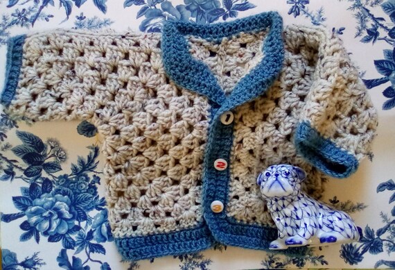 Hand Knit Vintage Tan with Blue Trim Baby/Toddler… - image 3