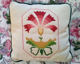 Vintage Bird Needlepoint Pillows, Woodpecker, Satin Checkered, Lace, Yellow  and Red Needlepoint Pillow, Tassels, Decorative Pillow, Set of 2 