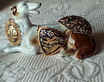 Damascene Gold Tone Pendants and Fan Pin with Bird Motifs