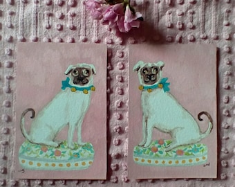 A Pair of Pug Staffordshire Dog Watercolor Prints