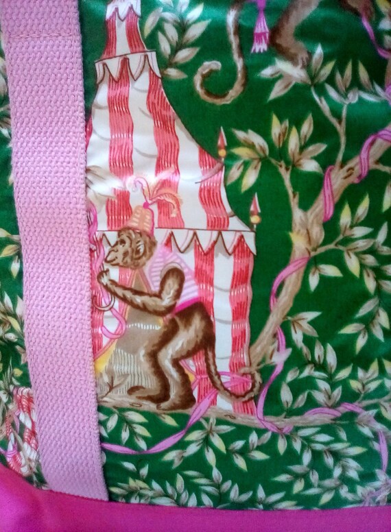 Preppy Pink and Green Monkey Vintage Tote Bag, Ch… - image 4